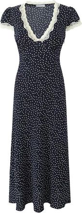 Generic Women Polka Dot Long Dress Lace Trim V Neck Short Sleeve A-Line Elegant Holiday Dresses Navy Blue S