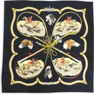 Hermès Foulard in seta Le Laisser Courre by J de Fougerolle 1979 - Nero