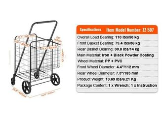 OEM Carrello Della Spesa Pieghevole, Robusto, Con Ruote Girevoli A 360&deg;, Portata Massima 106 Libbre
