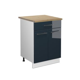 Vicco Mueble Bajo De Cocina Fame-line, Azul Oscuro Alto Brillo, 60 Cm Con Caj&oacute;n, Et Roble Vicco