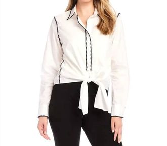 Karen Kane Ottilie Edge Stitch Tie Front Top In Off White And Black