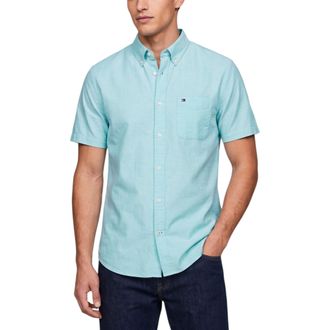 Tommy Hilfiger Mens Shirt Oxford Lightweight Short Sleeve Regular Fit Summer Top - Green Cotton - Size X-Large