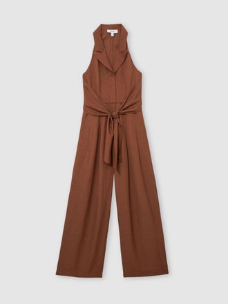 Reiss Rust Orange Petite Tie-front Wide-leg Jumpsuit With Linen, 16