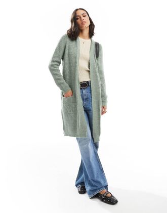 Only longline open cardigan in green