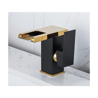 OEM Lavabo De Encimera Con Cascada De Agua Fr&iacute;a Y Caliente, Grifo De Tocador De Ba&ntilde;o N&oacute;rdico, Inodoro De Cobre Completo, Grifo Corto Creativo, Oro Y Negro
