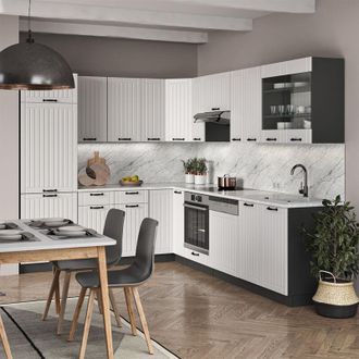 Vicco Cocina Esquinera Fame-line, Casa De Campo Blanca/antracita, 227 X 60 Cm Sin Encimera, Vicco