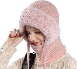 Generic 3 in 1 Winter Hat with Scarf and Mask, Womens Outdoors Windproof Knitted Hat, Elastic Warm One-Piece Hatand Scarf (UK, Alpha, One Size, Pink)