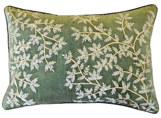 Les-Ottomans Embroidered Cotton Cushion- Flower Green