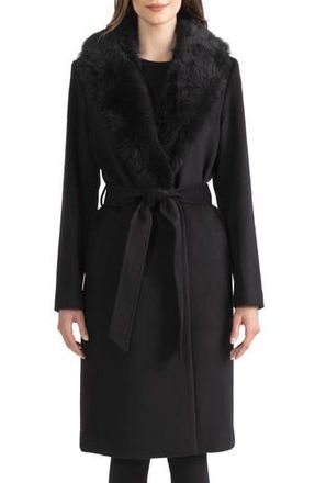 Sofiacashmere Belted Genuine Shearling Trim Coat in Black at Nordstrom Rack, Size 10