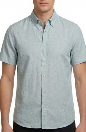 Report Collection Short Sleeve Linen & Cotton Blend Button-Up Shirt in Seafoam at Nordstrom Rack, Size Xx-Large