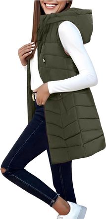 Generic Womens Long Gilets with Hood Mid-length Lightweight Quilted Vest Ladies Thermal Sleeveless Jacket Zip Up Windproof Waistcoat Sleeveless Quilted Long P