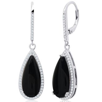 MAX + STONE Pear Cut Gemstone Quartz and White Topaz Halo Dangle Leverback Earrings in Sterling Silver (18x8mm)