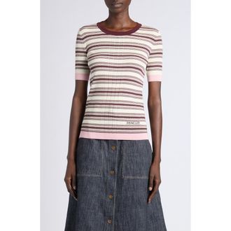 Moncler Stripe Rib Short Sleeve Cotton Sweater in White/Beige at Nordstrom, Size Xx-Small