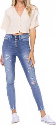 Judy Blue High Waist Destroyed Button Fly Skinny Denim Jeans In Blue