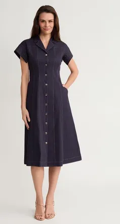 Ming Wang Fit-N-Flare Contrast Stitch Cotton Maxi Dress in Indigo/white at Nordstrom, Size X-Small
