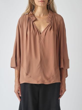 Meimeij V-Neck Silk Blend Blouse with Long Sleeves and Dropped Shoulders