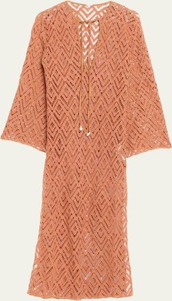 Johanna Ortiz Wild Savannah Embroidered Long-Sleeve Midi Tunic Dress