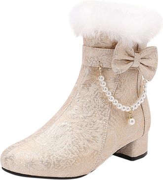 Generic Size 9 Wide Fit Ladies Boots Mid Heel Pearl Bow Boots Women Winter Boots Waterproof (Beige, 8)