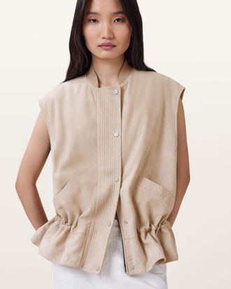 AllSaints Goat Suede Sofi Relaxed Fit Leather Gilet, Size: UK 14/US 10