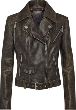 Philipp Plein Jassen, Dames, Zwart, L, Leer, Shoulder Padded Leather Biker Jacket