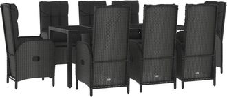 vidaXL Set Comedor Jard&iacute;n 9 Pzas Y Cojines Rat&aacute;n Sint&eacute;tico Negro Gris Vidaxl