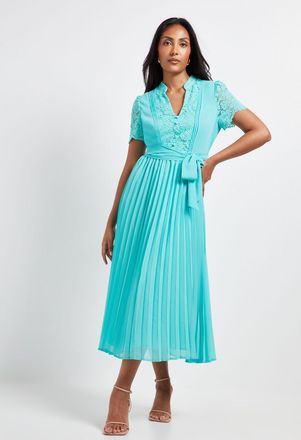 Wallis Womens Petite Lace Collarless Pleated Midi Dress - Mint polyamide - Size 18 UK