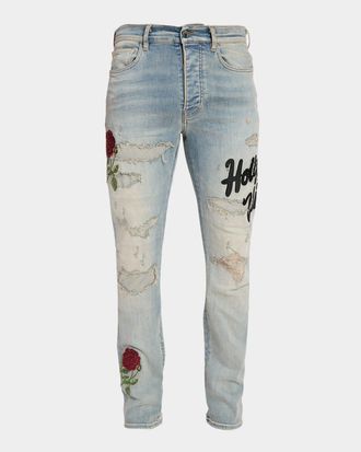 Amiri Mens Floral Sequin Repaired Slim-Fit Jeans