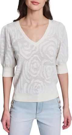 Karl Lagerfeld Floral Puff Sleeve Sweater in Soft White at Nordstrom, Size X-Small