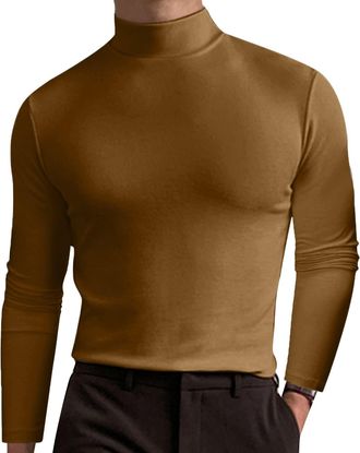 Generic Mock Neck Tops for Men Long Sleeve Ribbed Shirts Turtleneck High Collar Fall Thermal Pullover Base Layer Undershirts(Z02-Brown, XXL)