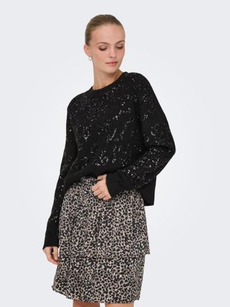 Only Rundhalspullover ONLY ONLALTA LS SEQUIN O-NECK KNT, Damen, Gr. XL, schwarz detail:schwarz sequins, Strick, Obermaterial: 70% Polyacryl, 28% Polyester,