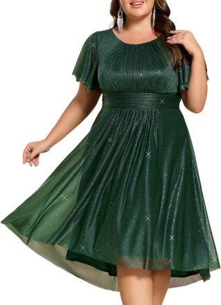 Ever-pretty Women Plus Size Midi Wedding Guest Dress Round Neck Short Sleeves Dark Green 24