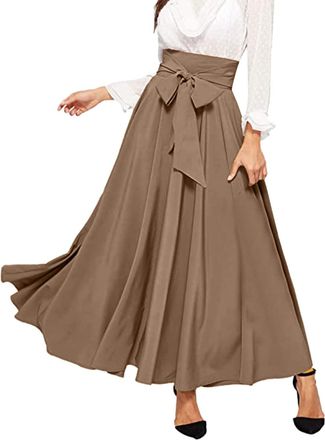 Generic Outlet Clearance UK Ladies Elasticated Waist Skirts Womens Elegant High Waist Skirt Tie Front Pleated Maxi Skirts Boho Midi Skirt Cotton Party for Wom