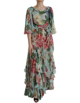 Dolce & Gabbana Womens Blue Floral Print Tiered Long Maxi Dress Silk