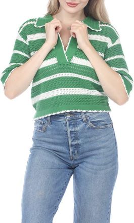 Rain + Rose Cotton Stripe Polo Sweater in Green/White at Nordstrom Rack, Size X-Large