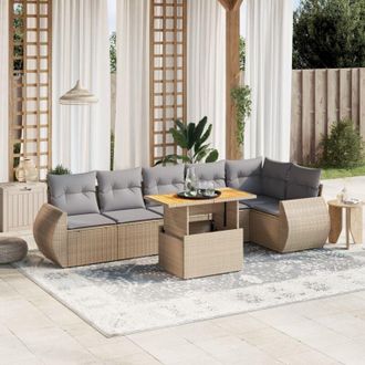 vidaXL Vidaxl - Set Sof&aacute;s De Jard&iacute;n 7 Piezas Y Cojines Rat&aacute;n Sint&eacute;tico Beige