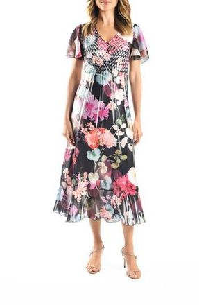 Komarov Flutter Sleeve Charmeuse & Chiffon Midi Dress in Flourescent Flora at Nordstrom Rack, Size Large
