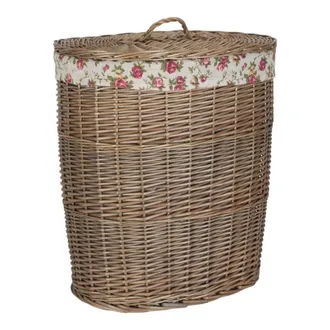 Red Hamper Antique Wash Garden Rose Cotton Lined Oval Willow Laundry Basket in Brown | Size: Small