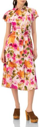Ivonne Midi Belted Floral Print Shirt Style Dress in Multicolor-Pink at Nordstrom, Size 12