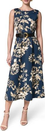 DKNY Floral Belted Stretch Fit & Flare Midi Dress in Night Sky at Nordstrom, Size 14