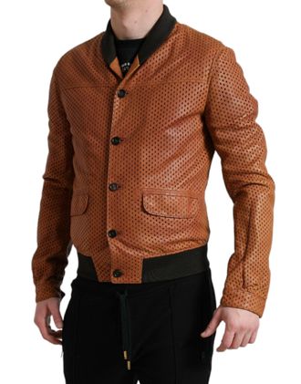 Dolce & Gabbana Mens Brown Lambskin Leather Perforated Jacket Cotton Clothing