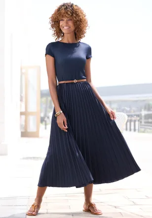Lascana Midikleid LASCANA, Damen, Gr. 34, N-Gr, blau (navy), Obermaterial: 100% Polyester. Obermaterial 2: 100% Polyester, unifarben, figurumspielend Midi, Ru