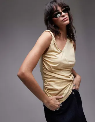 & Other Stories jersey top with twist and drape detail in light yellow