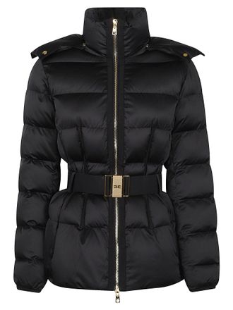 Elisabetta Franchi Black Padded Belted Hooded Polyester Jacket