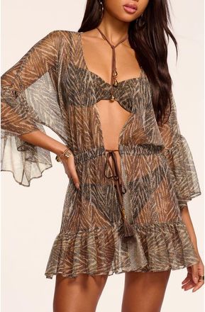Ramy Brook Keira Metallic Long Sleeve Cover-Up Minidress in Beach Brown Zebra at Nordstrom, Size Xx-Small