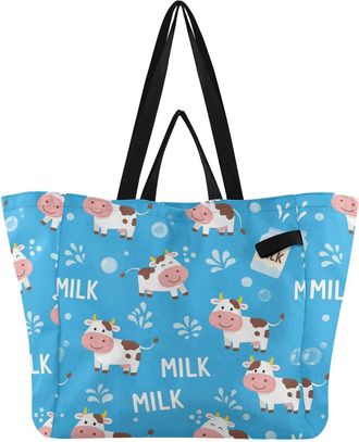 Generic Cow Blue print Reusable Canvas Tote Bag, Heavy Duty Grocery Shopping Bag with Large Capacity Double Handles Hard Bottom Work Groceries Travel