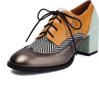 Generic Womens PU Leather Oxfords Brogued Perforation Round Toe Lace-Up Block Heels Contrast Color Heel Adjustable Laces Stable Durable Sole Shoes,Grey,6.5 UK