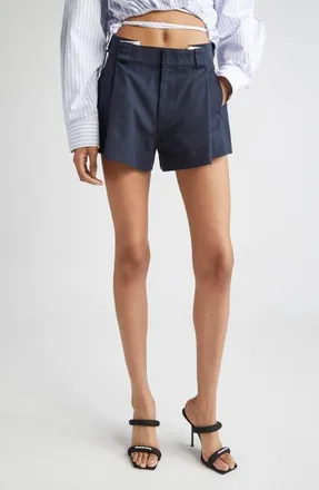 Alexander Wang High Waist Pleat Front Cotton Blend Drill Workwear Shorts in Navy at Nordstrom, Size 4