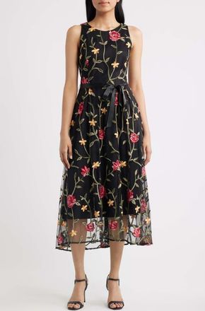 Tahari by ASL Floral Embroidered Sleeveless Midi Dress in Black Multi at Nordstrom, Size 10