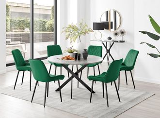 Furniturebox Novara Grey Concrete Effect Black Leg 120cm Round Dining Table & 6 Pesaro Black Leg Chairs in Green