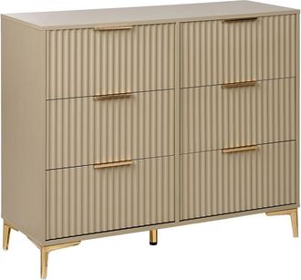 Beliani C&oacute;moda Moderna De Mdf 6 Cajones Patas De Metal Tiradores Frentes Acanalados Beige Walcott